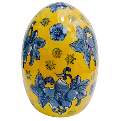 Large Blue & Yellow Chinoiserie Porcelain Egg