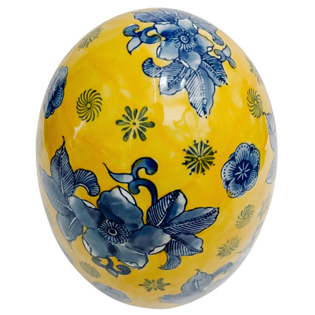 Vintage Large Blue & Yellow Chinoiserie Porcelain Egg