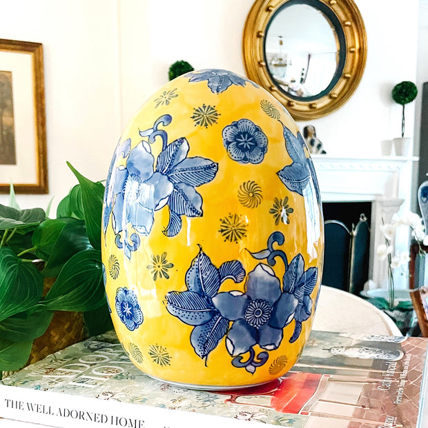 Vintage Large Blue & Yellow Chinoiserie Porcelain Egg