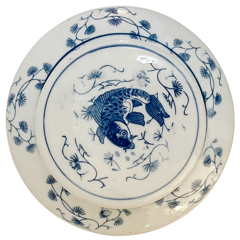 Large Chinese Blue & White Koi Fish Lidded Jar