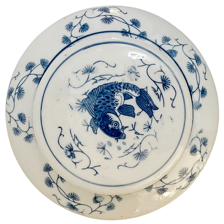 Large Chinese Blue & White Koi Fish Lidded Jar