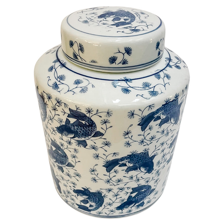 Large Chinese Blue & White Koi Fish Lidded Jar