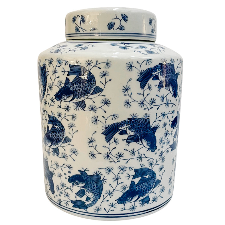 Large Chinese Blue & White Koi Fish Lidded Jar
