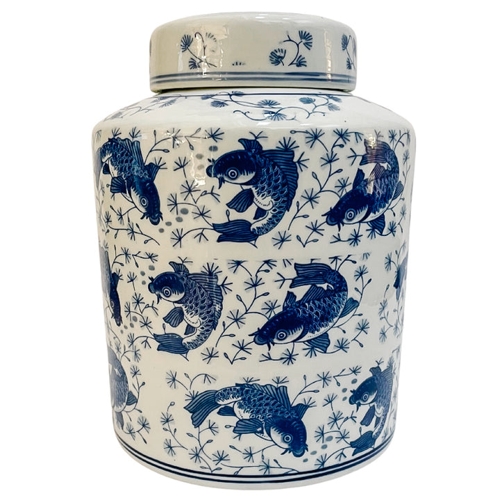 Large Chinese Blue & White Koi Fish Lidded Jar