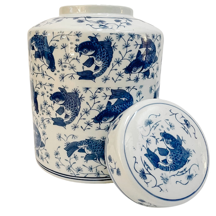 Large Chinese Blue & White Koi Fish Lidded Jar