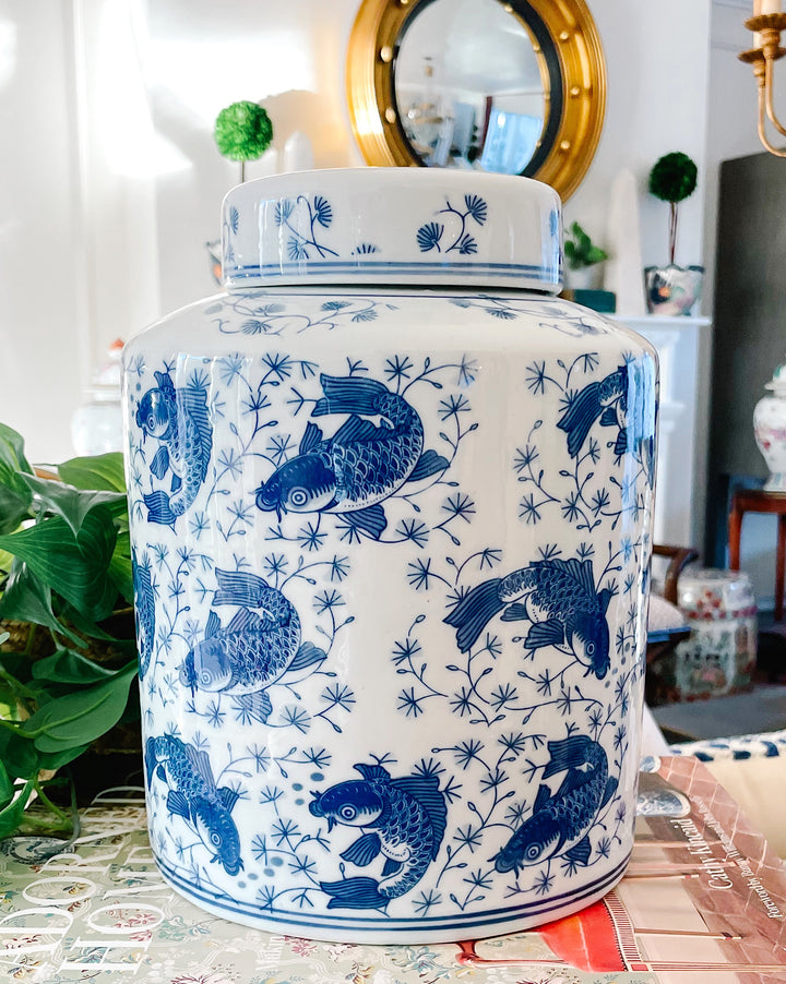 Large Chinese Blue & White Koi Fish Lidded Jar