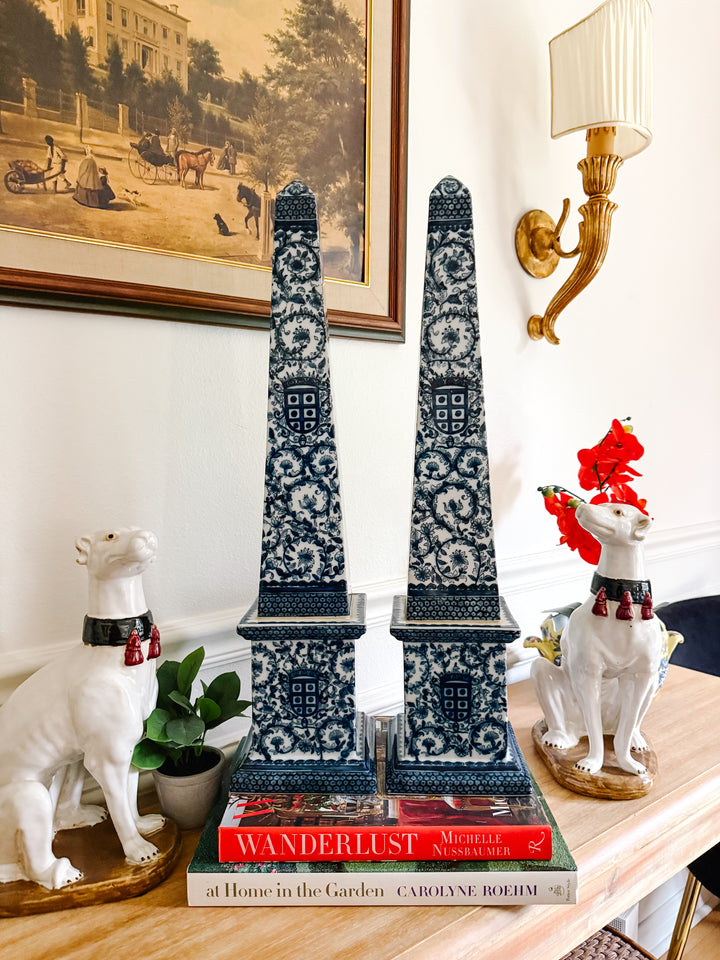 Large Chinese Export Blue and White Ceramic Obelisks
