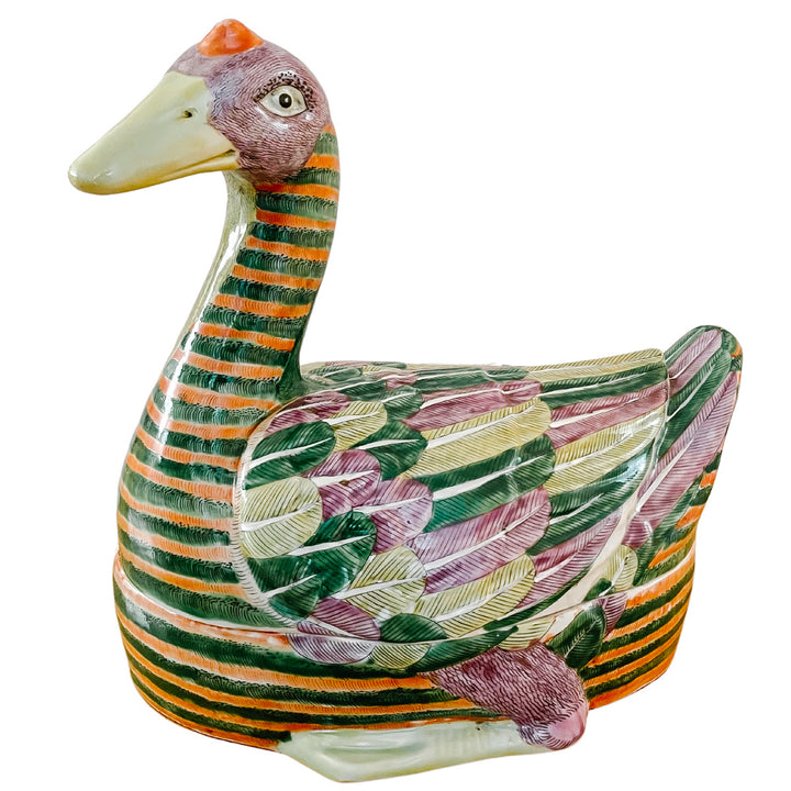 Large Chinese Famille Rose Swimming Goose Form Tureen