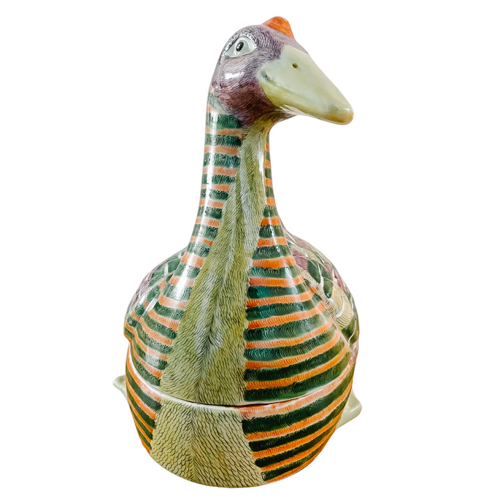 Large Chinese Famille Rose Swimming Goose Form Tureen