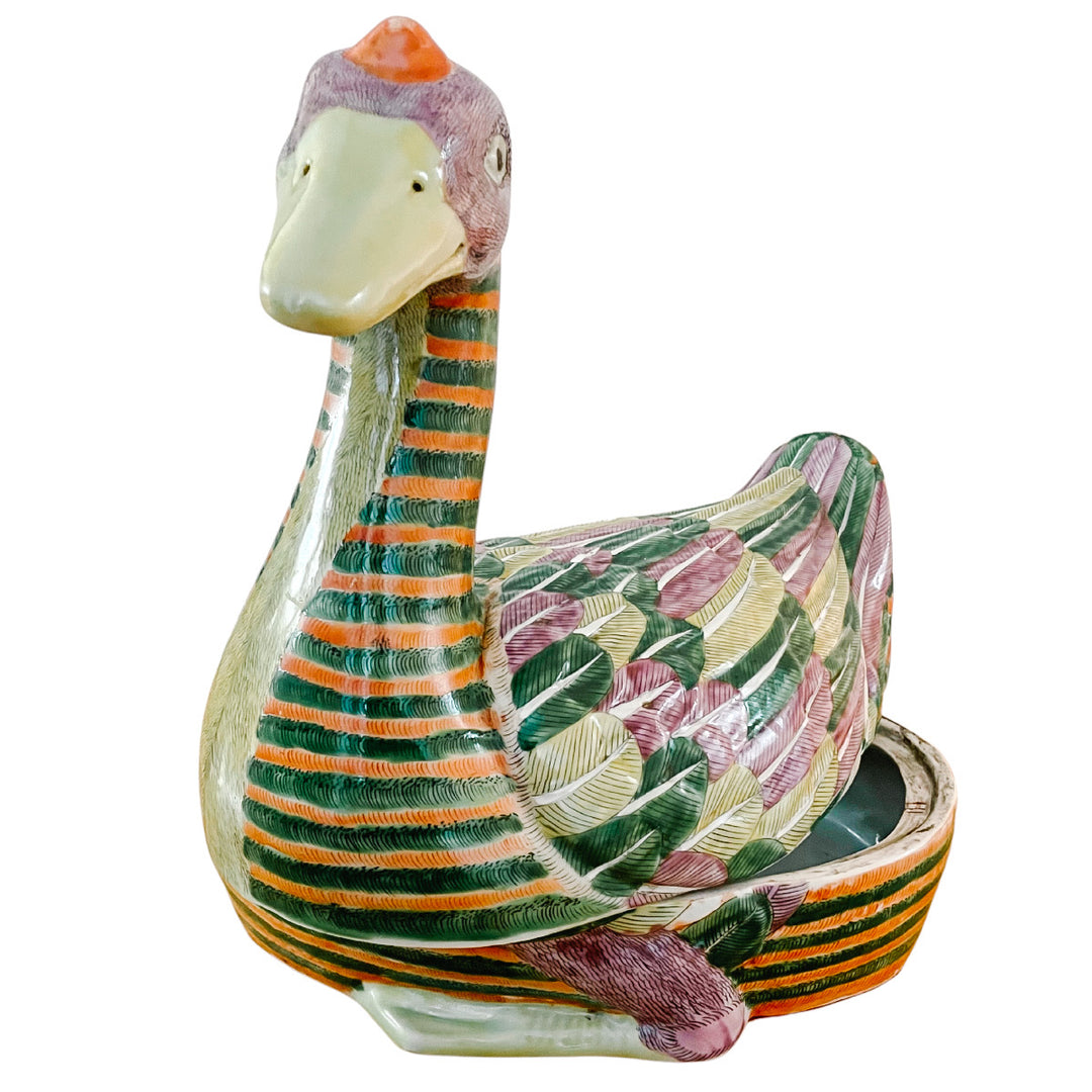 Large Chinese Famille Rose Swimming Goose Form Tureen