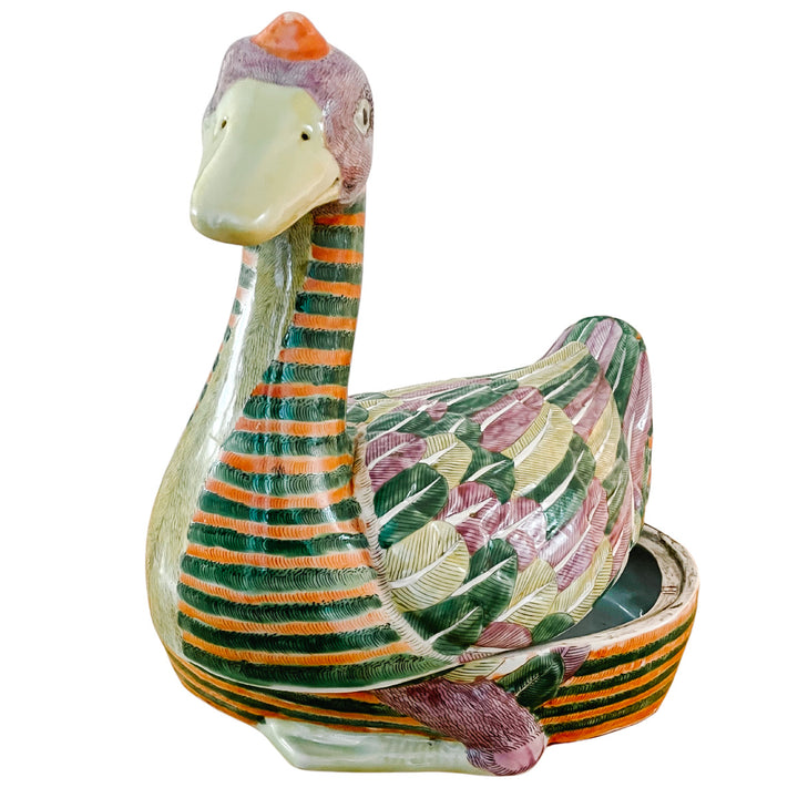 Large Chinese Famille Rose Swimming Goose Form Tureen