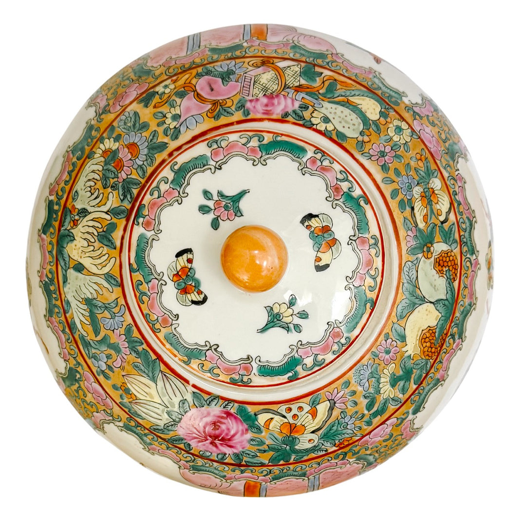 Large Famille Rose Medallion Ginger Jar with Lid & Carved Wood Stand