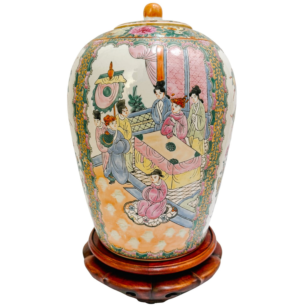 Large Famille Rose Medallion Ginger Jar with Lid & Carved Wood Stand