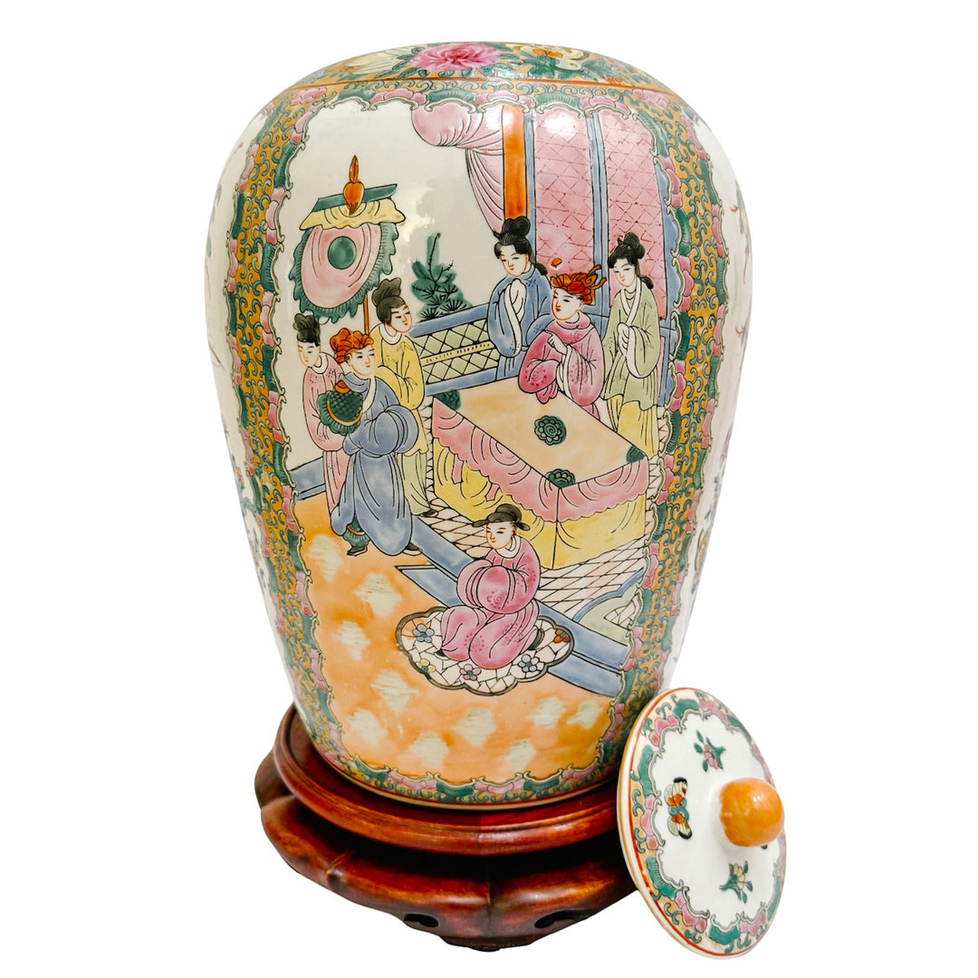 Large Famille Rose Medallion Ginger Jar with Lid & Carved Wood Stand