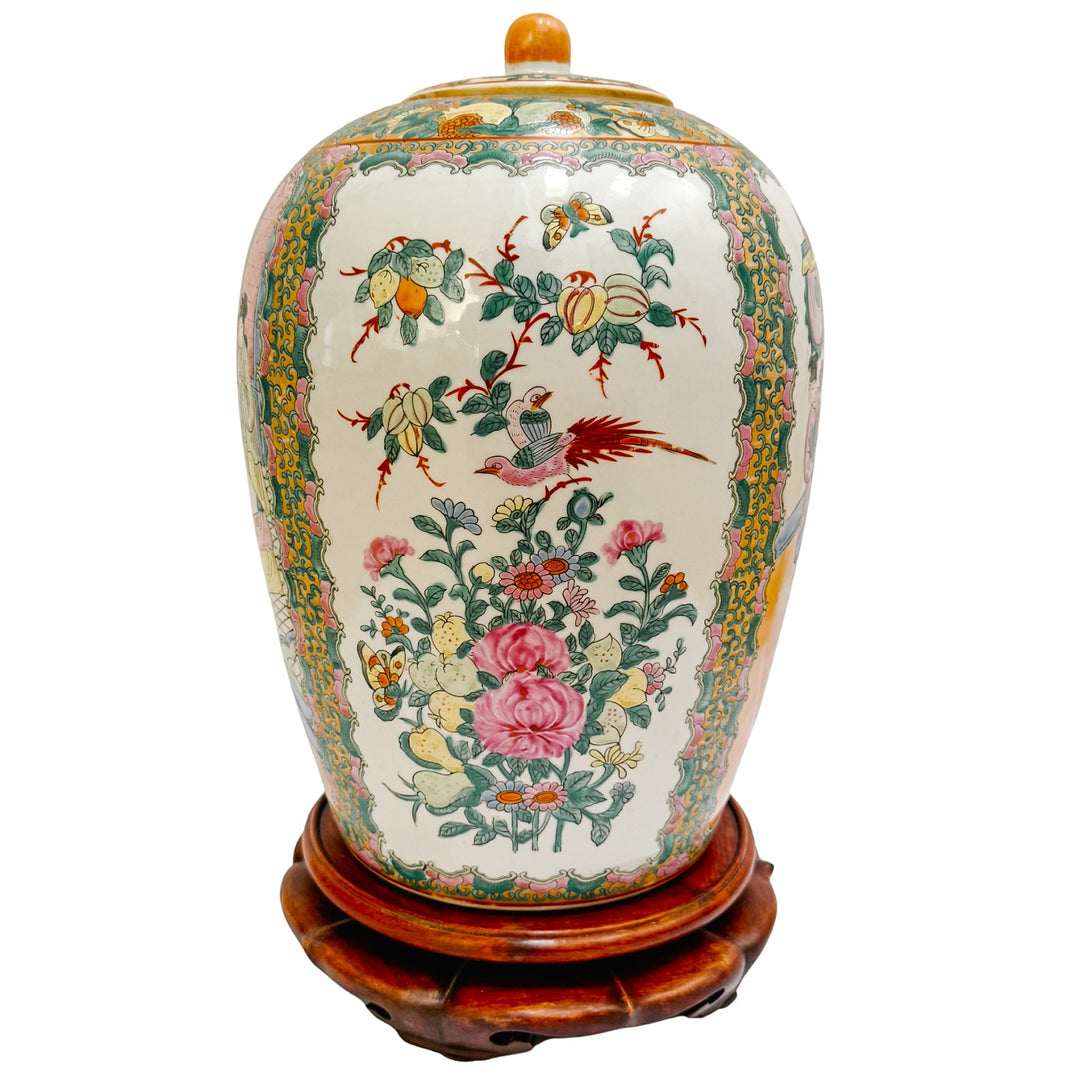 Large Famille Rose Medallion Ginger Jar with Lid & Carved Wood Stand