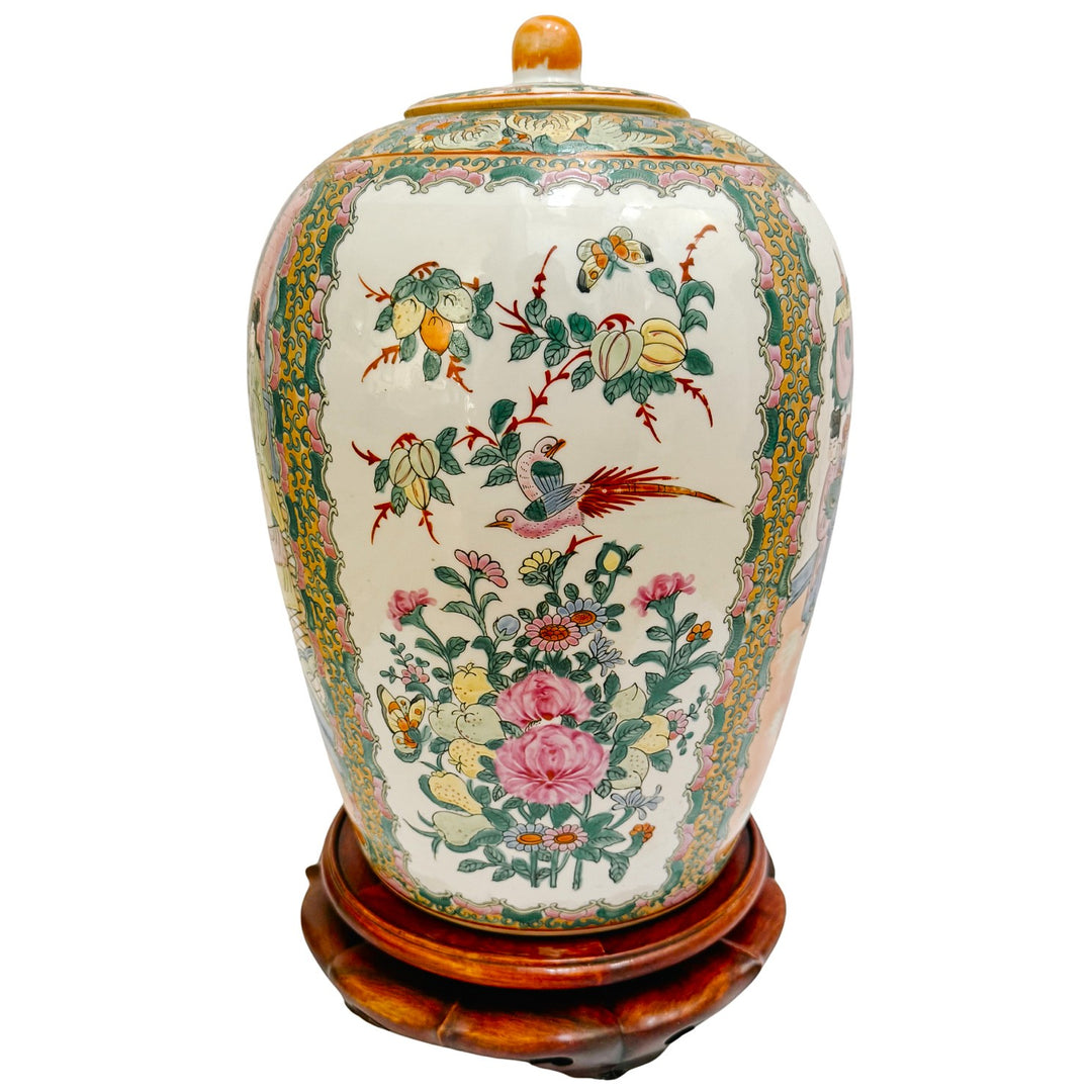 Large Famille Rose Medallion Ginger Jar with Lid & Carved Wood Stand