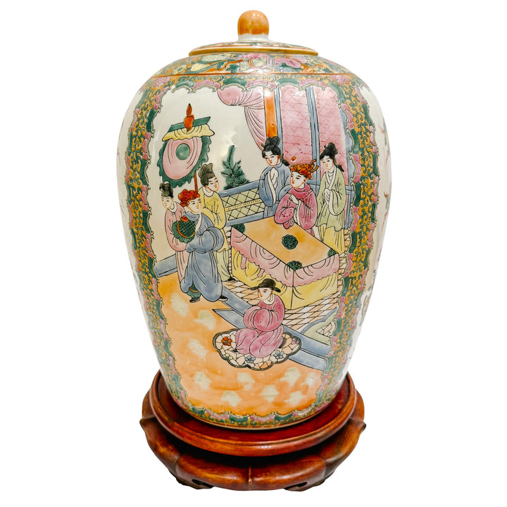 Large Famille Rose Medallion Ginger Jar with Lid & Carved Wood Stand