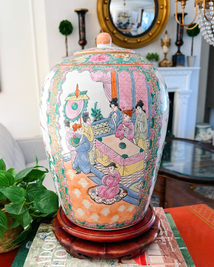 Large Famille Rose Medallion Ginger Jar with Lid & Carved Wood Stand