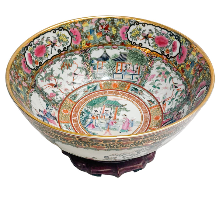 Large Gold Mirrored Famille Rose Medallion Bowl With Stand