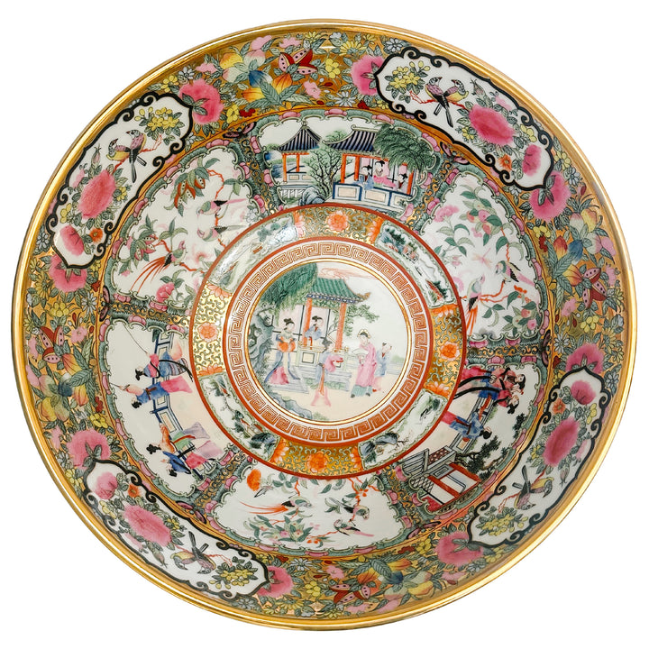 Large Gold Mirrored Famille Rose Medallion Bowl With Stand