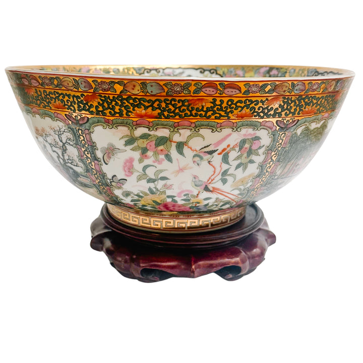 Large Gold Mirrored Famille Rose Medallion Bowl With Stand