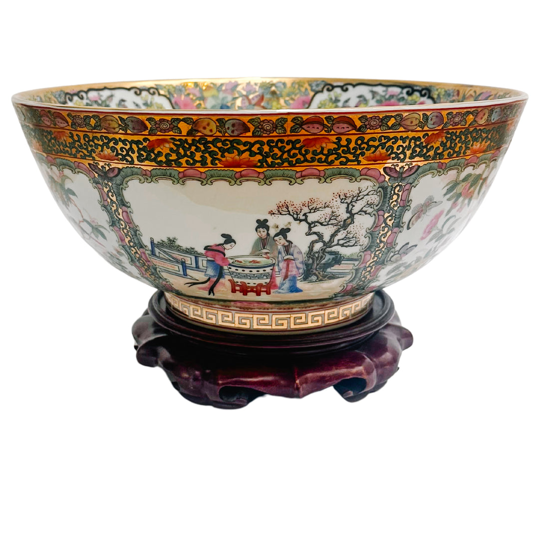 Large Gold Mirrored Famille Rose Medallion Bowl With Stand