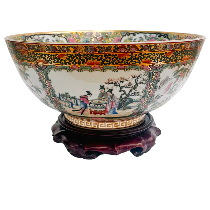 Large Gold Mirrored Famille Rose Medallion Bowl With Stand