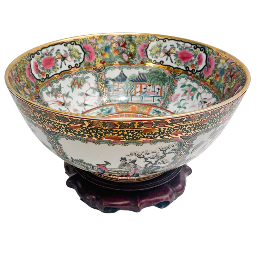 Large Gold Mirrored Famille Rose Medallion Bowl With Stand