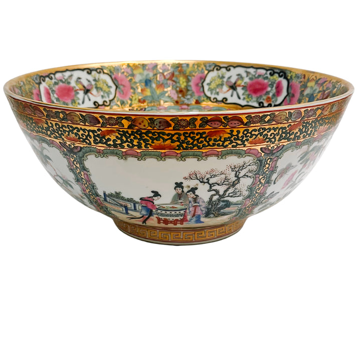 Large Gold Mirrored Famille Rose Medallion Bowl With Stand