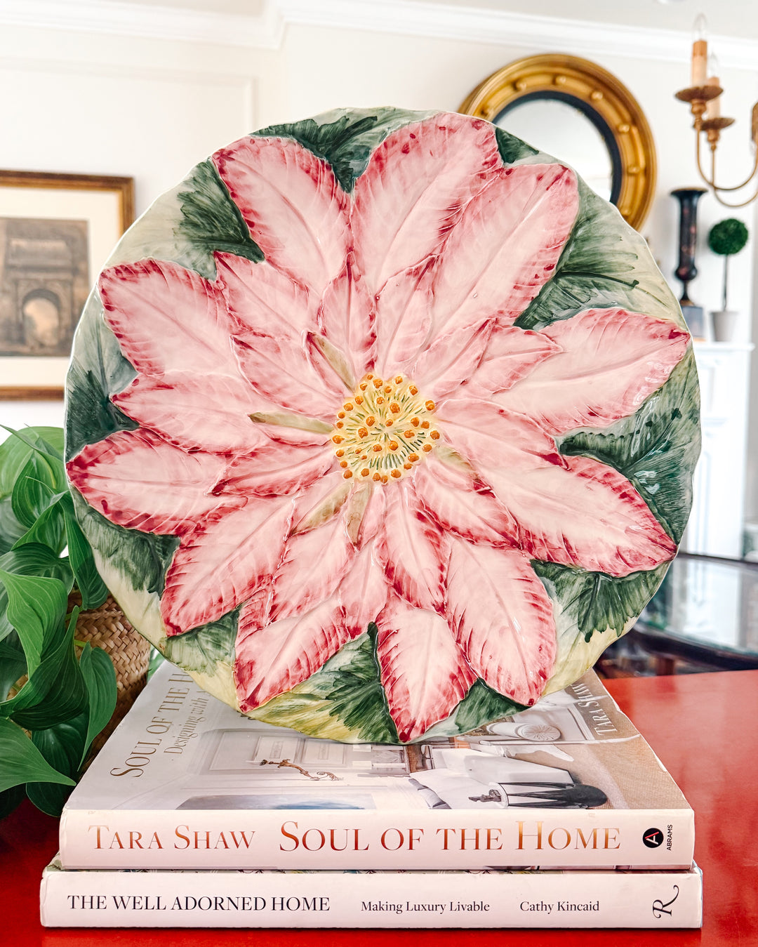 Large Italian Pink Poinsettia Majolica Plate