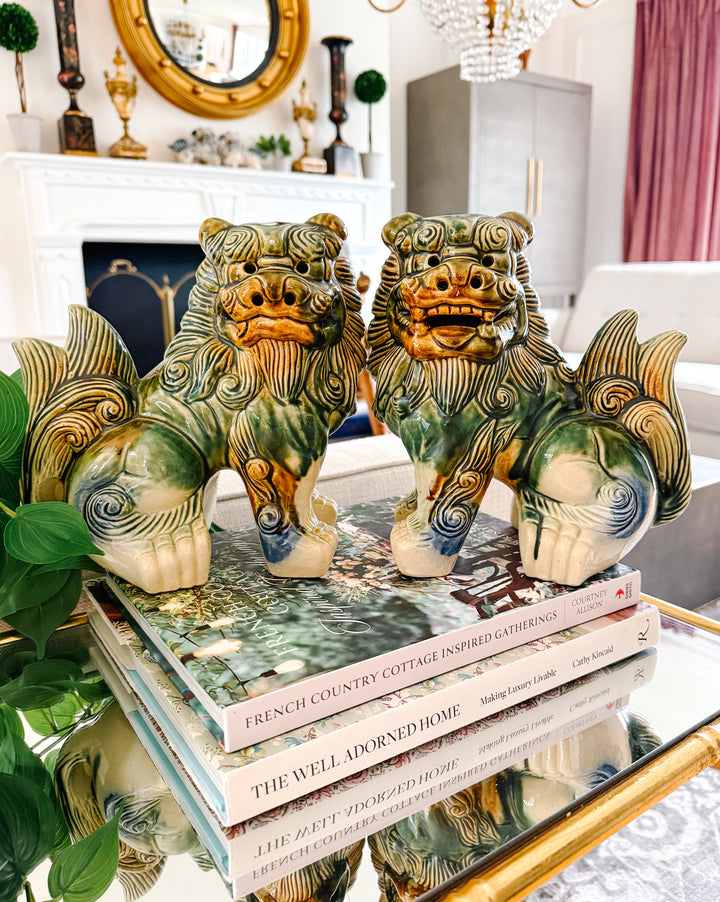 Large Polychrome Chinese Glazed Ceramic Foo Dog Figurines