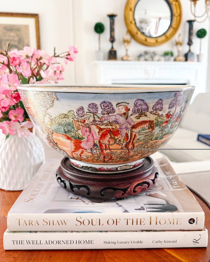 Large Porcelain Fox Hunt Punch Bowl with Carved Wood Stand (5)