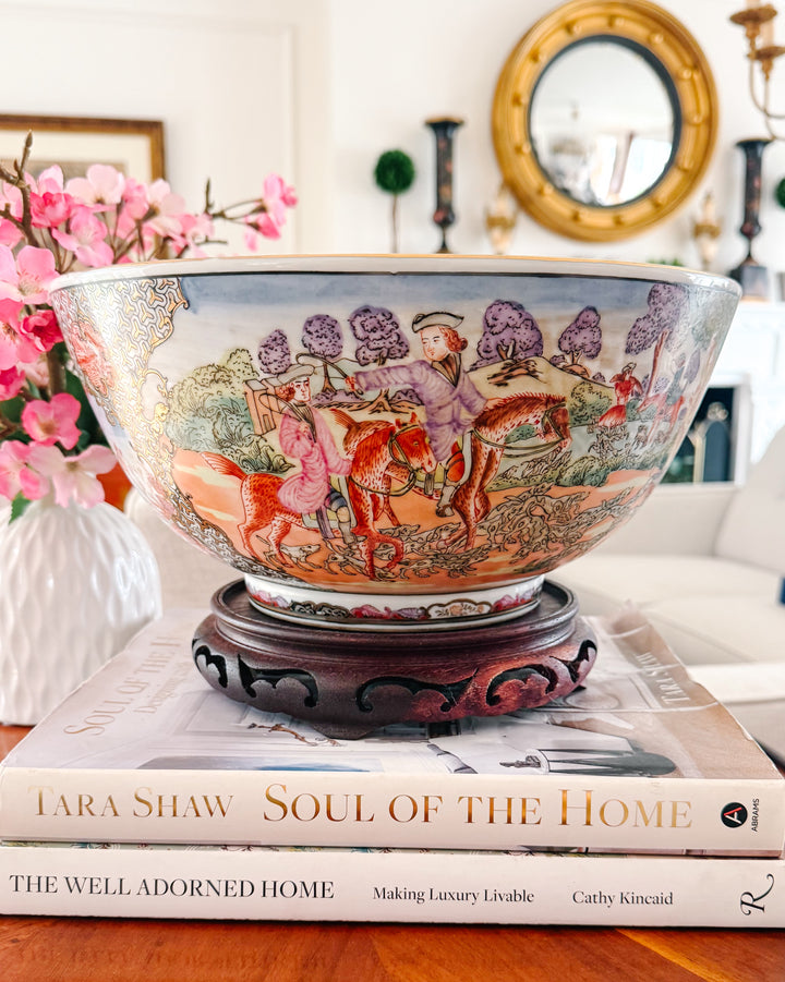 Large Porcelain Fox Hunt Punch Bowl with Carved Wood Stand (5)