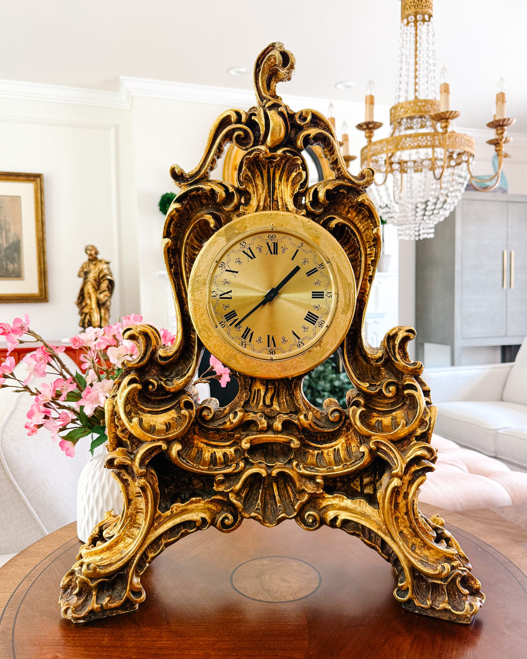 Large Scale Vintage Rococo Style Gilt Table Clock, German Movement