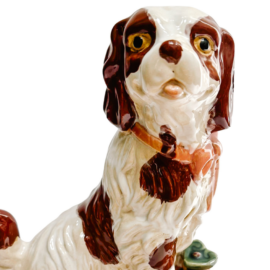 Large Staffordshire Style Pottery Spaniel On Carved Ball