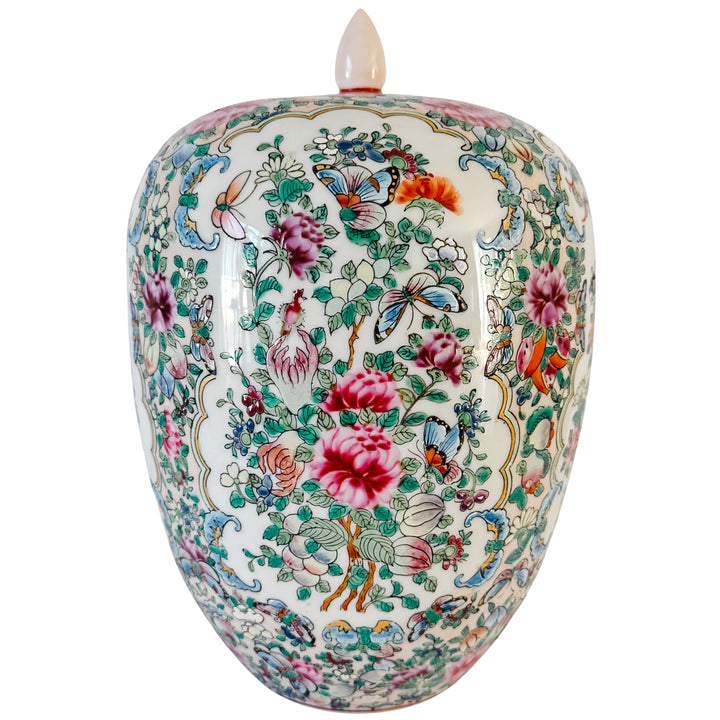 Large Mid-Century Chinese Export Famille Rose Porcelain Ginger Jar with Lid