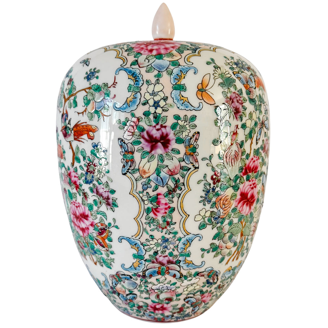 Large Mid-Century Chinese Export Famille Rose Porcelain Ginger Jar with Lid