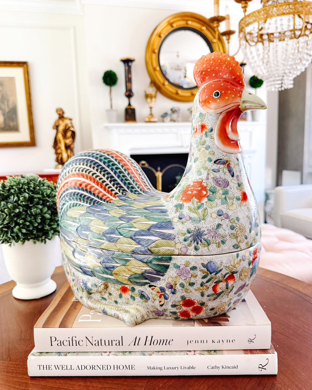 Large Vintage Chinese Famille Rose Polychrome Enamel Rooster Form Covered Box & Tureen