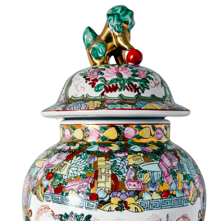 Large Vintage Chinese Rose Medallion Temple Jar with Gold & Green Foo Dog Lid 19"