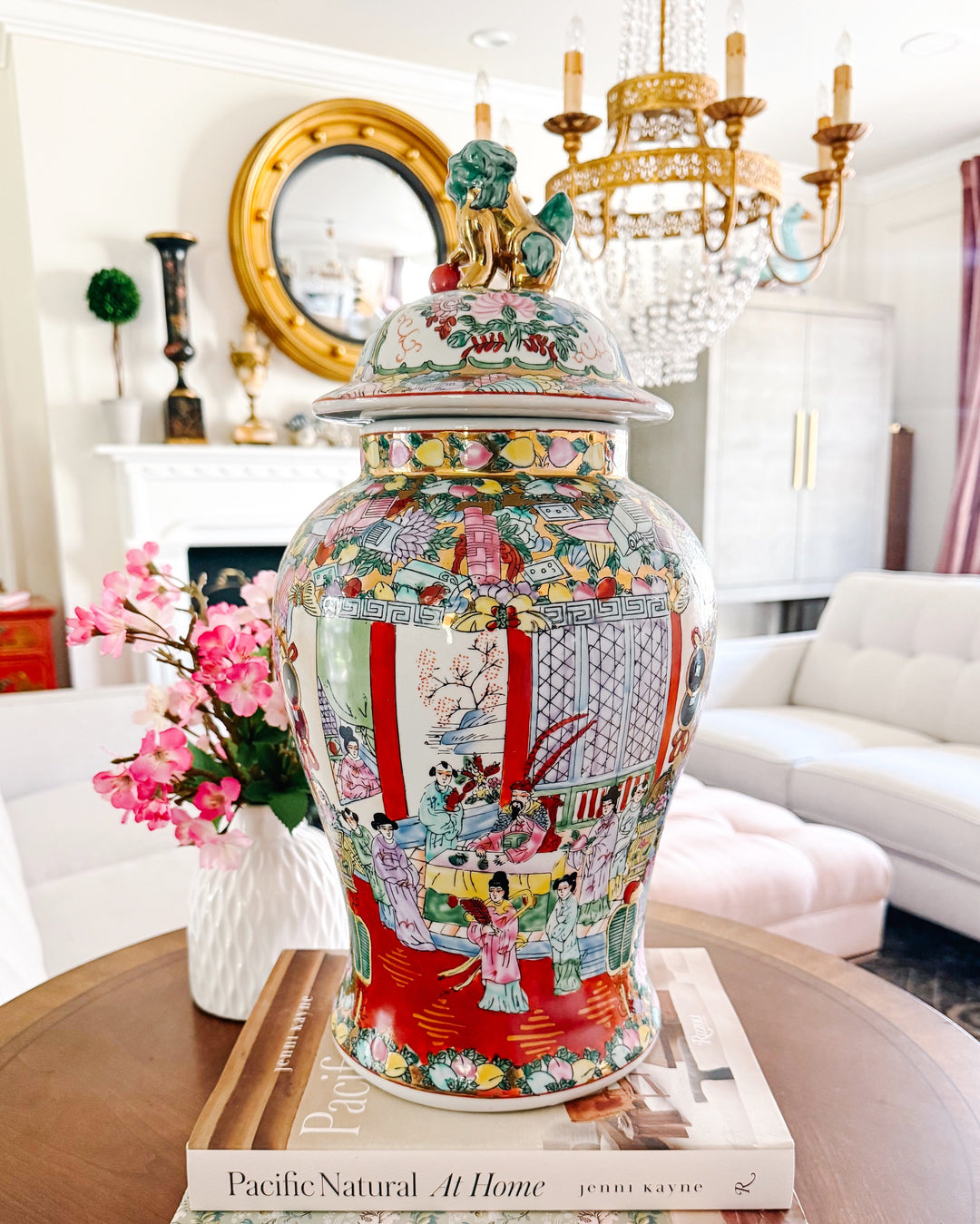 Large Vintage Chinese Rose Medallion Temple Jar with Gold & Green Foo Dog Lid 19"