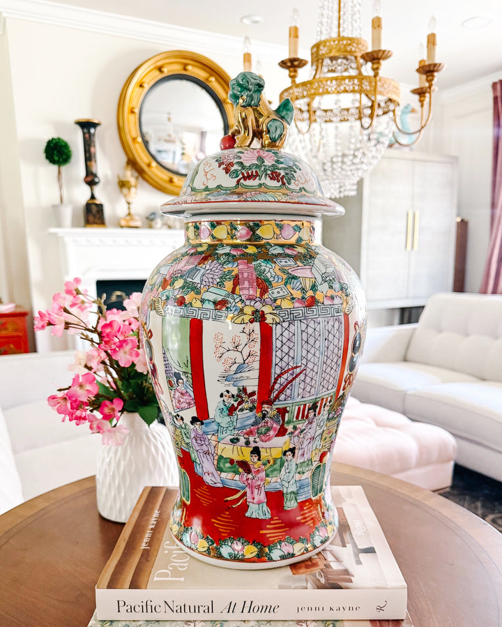 Large Vintage Chinese Rose Medallion Temple Jar with Gold & Green Foo Dog Lid 19"
