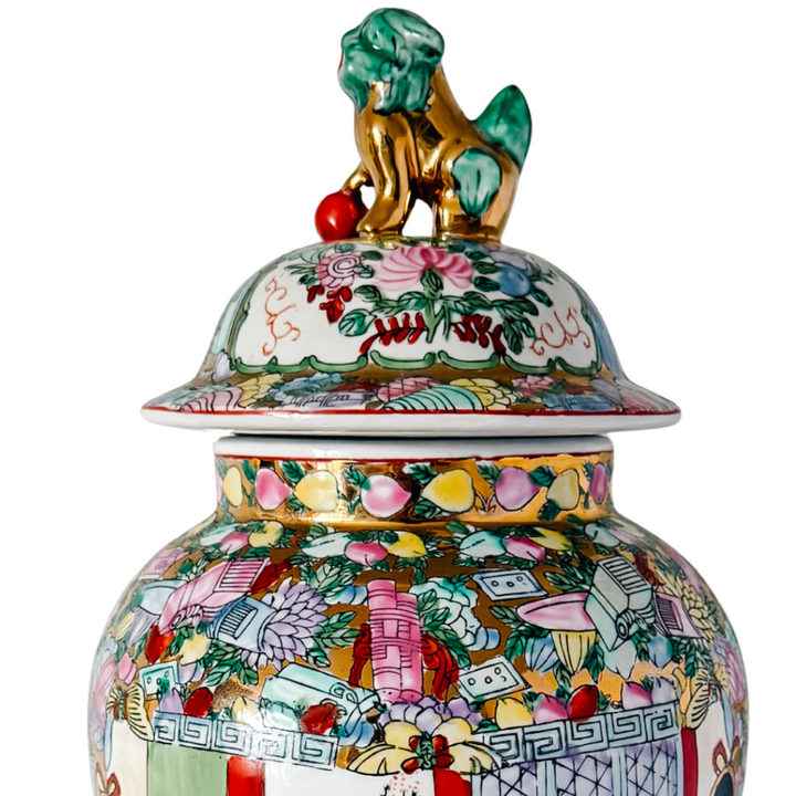 Large Vintage Chinese Rose Medallion Temple Jar with Gold & Green Foo Dog Lid 19"