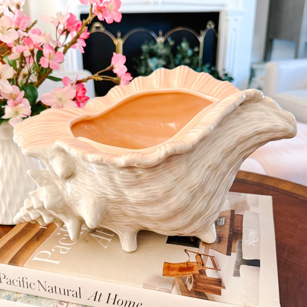 Large Vintage Coastal Ceramic Conch Shell Planter & Centerpiece Bowl