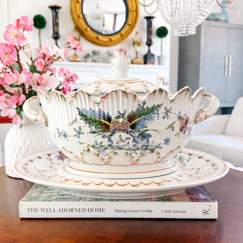 Large Vintage Italian Faience Porcelain Soup Tureen Set With Platter & Ladle