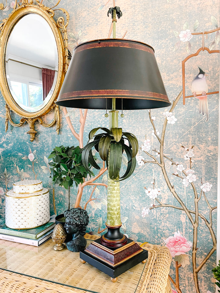 Large Vintage Tole Palm Tree Table Lamp With Tole Shade