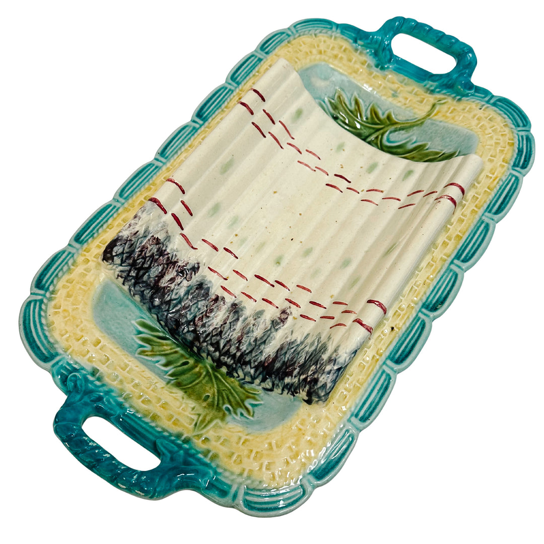 Large antique French Majolica Asparagus Serving Tray with Handles by Salins 
