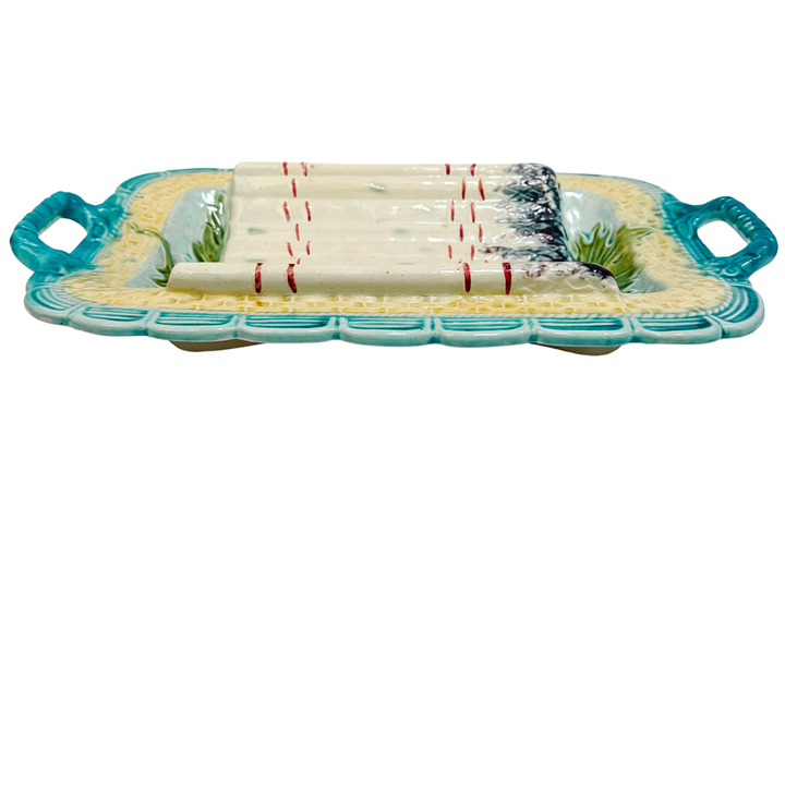 Large antique French Majolica Asparagus Serving Tray with Handles by Salins 