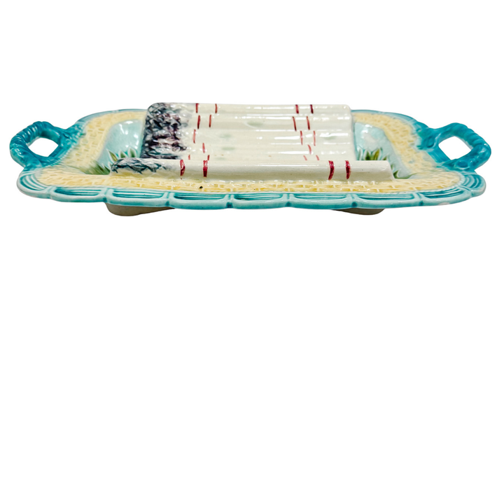 Large antique French Majolica Asparagus Serving Tray with Handles by Salins 