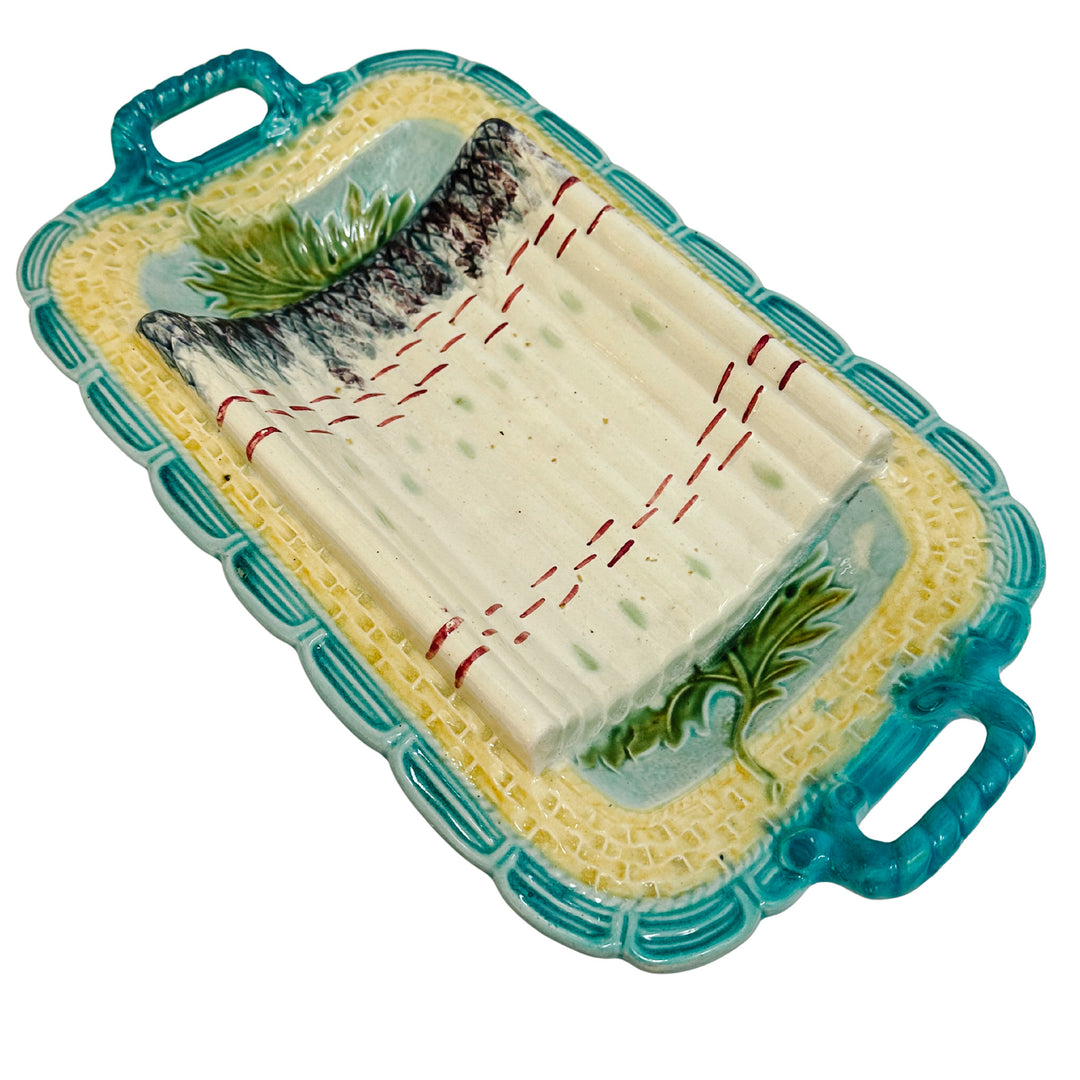 Large antique French Majolica Asparagus Serving Tray with Handles by Salons (3)