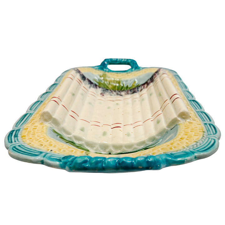 Large antique French Majolica Asparagus Serving Tray with Handles by Salins 